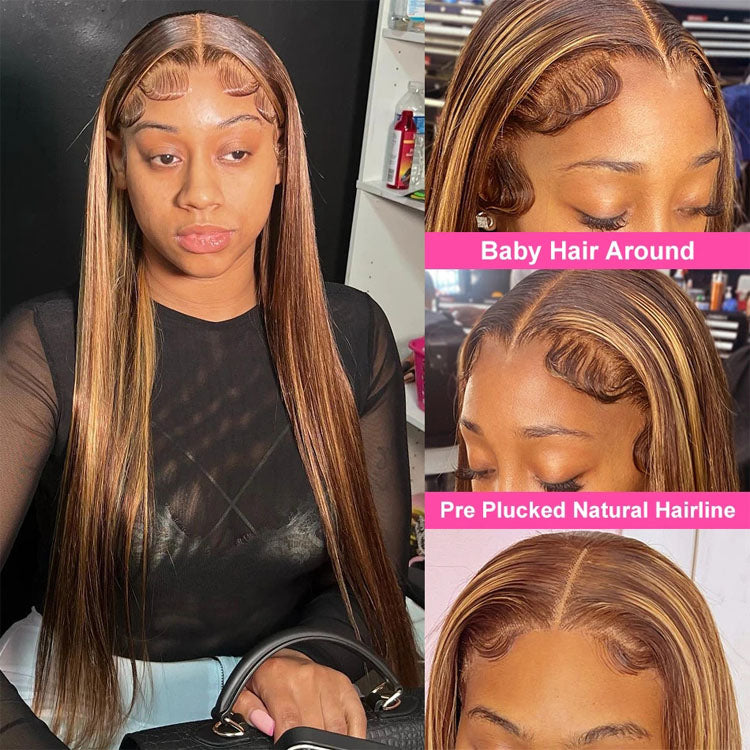 4/27 Highlight Wig Human Hair Straight 360 HD Full Lace Frontal Wig