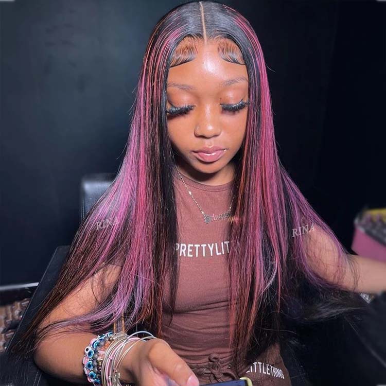 Pink Highlight Color Straight Human Hair 13x6 HD Lace Frontal Wig