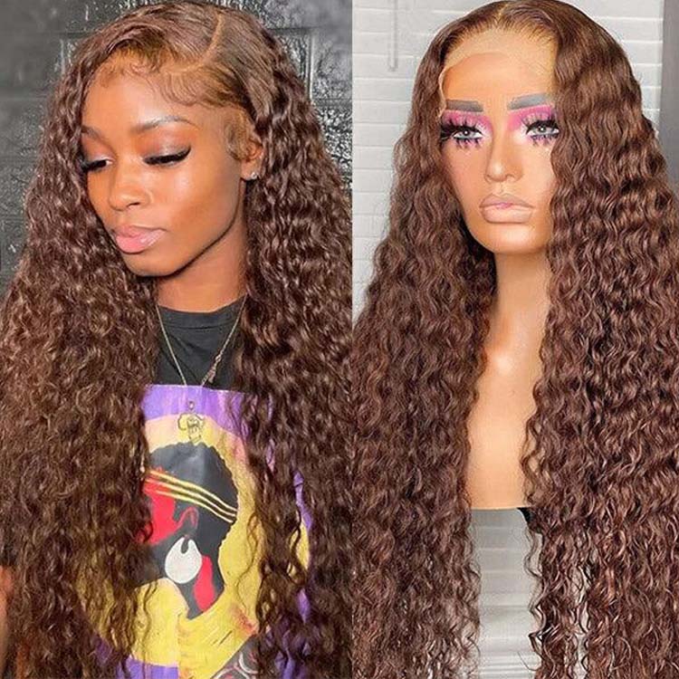 Color 4 Chocolate Brown 13x4 Deep Wave Human Hair Lace Frontal Wig