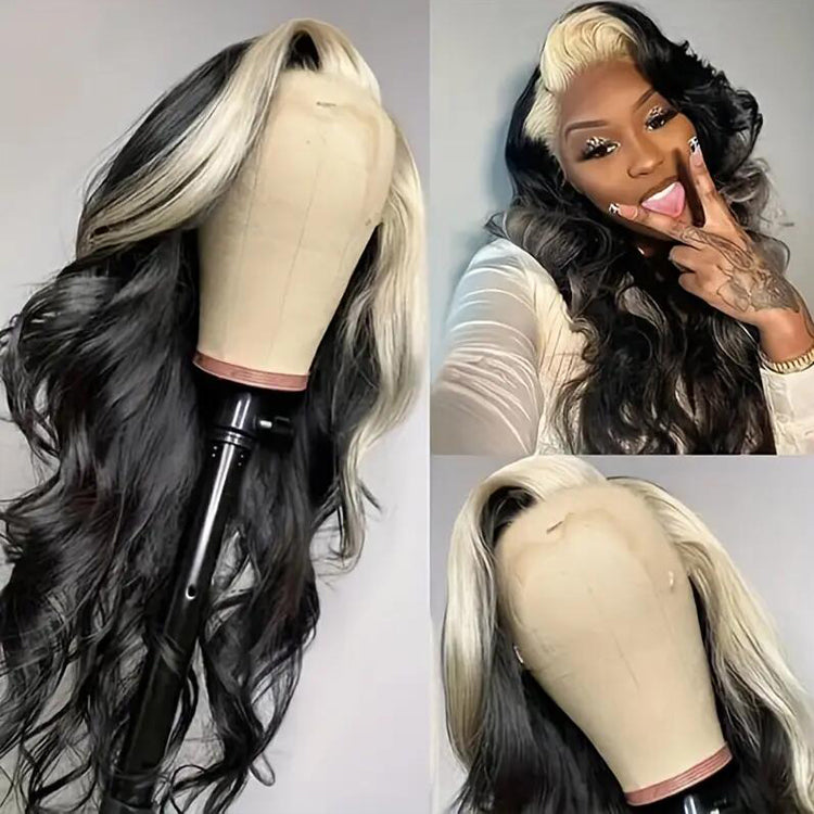 13x6 Full Frontal Wig Skunk Stripe Blonde Highlight Body Wave Human Hair Wigs