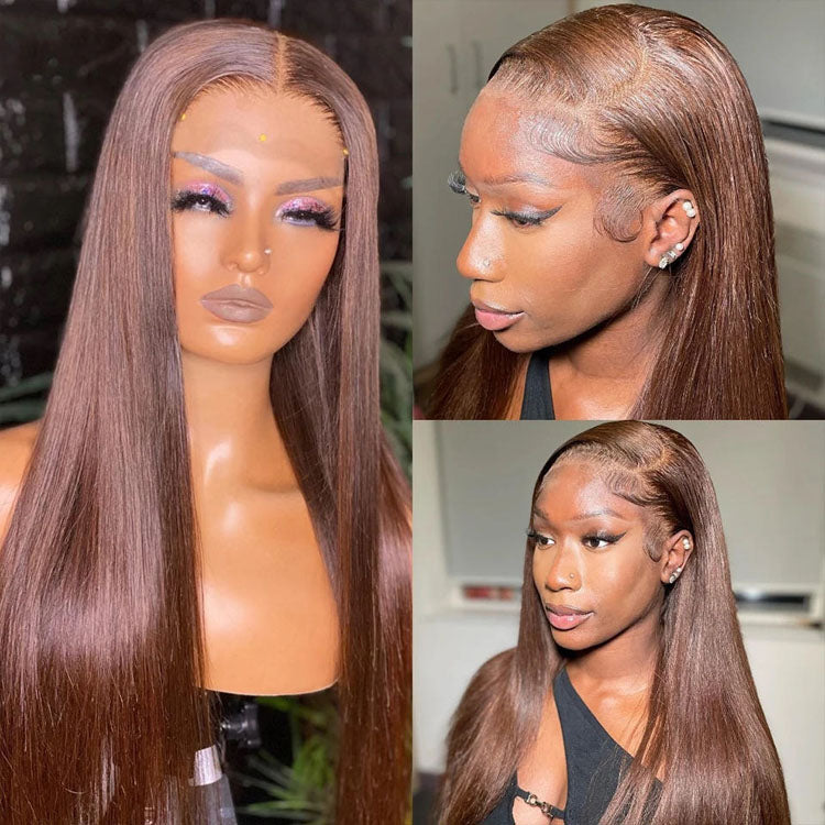 #4 Chocolate Brown Straight Human Hair Wig 5x5 HD Lace Closure Wig