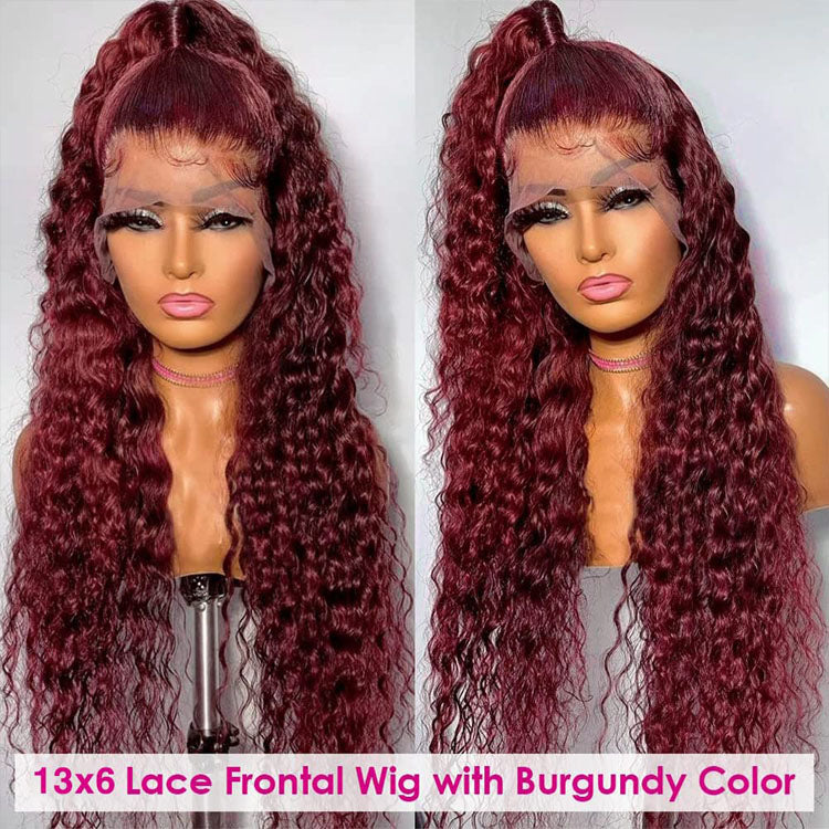 99J Burgundy Deep Wave Human Hair 13x6 HD Lace Frontal Wig