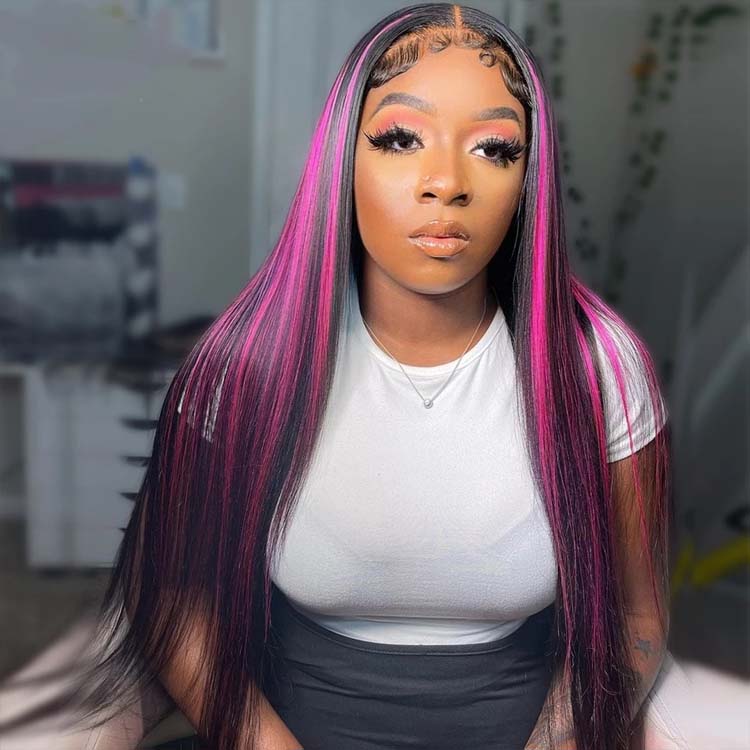 Pink Highlight Color Straight Human Hair 13x6 HD Lace Frontal Wig