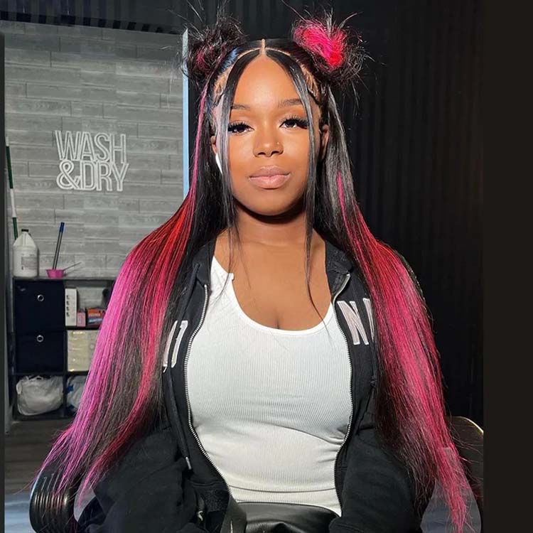 Pink Highlight Color Straight Human Hair 13x6 HD Lace Frontal Wig