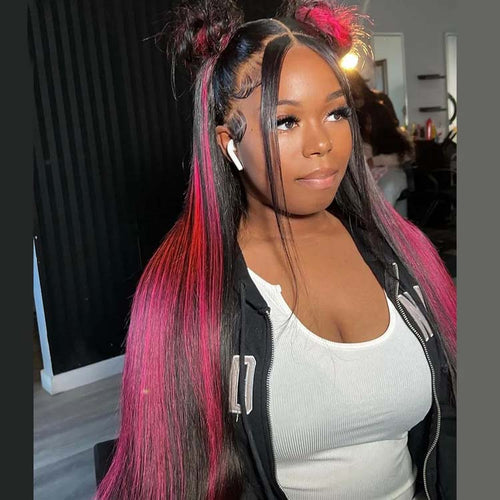 Pink Highlight Color Straight Human Hair 13x6 HD Lace Frontal Wig