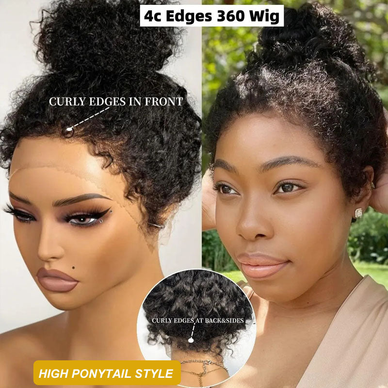 4C Kinky Edges Lace Wigs Afro Kinky Curly Human Hair 360 HD Lace Frontal Wig