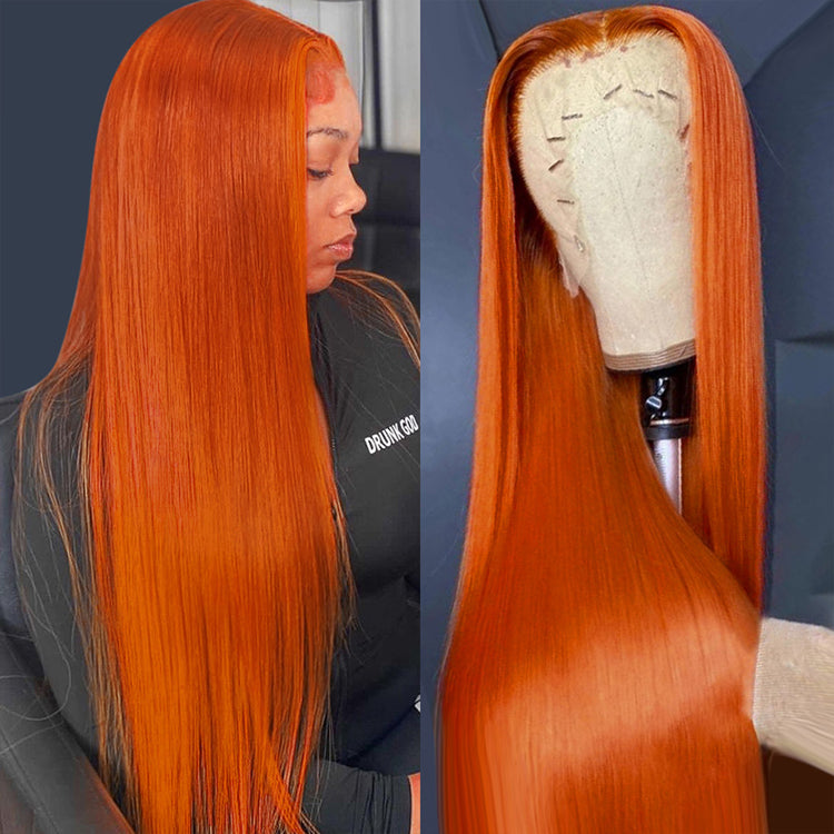 #350 Ginger Orange Human Hair Wigs Straight 360 HD Lace Frontal Wigs