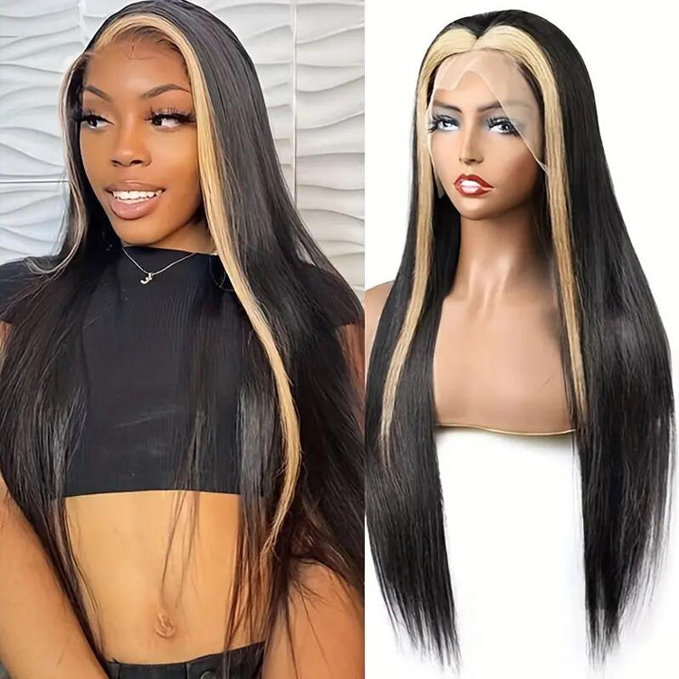 13x6 Full Frontal Wig Skunk Stripe Blonde Highlight Straight Human Hair Wig