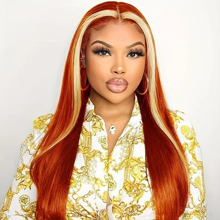 13x4 13x6 Full Lace Frontal Wig Human Hair Skunk Stripe Ginger Blonde Highlight Straight Hair Wig