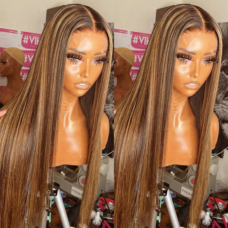 4/27 Highlight Wig Human Hair Straight 360 HD Full Lace Frontal Wig