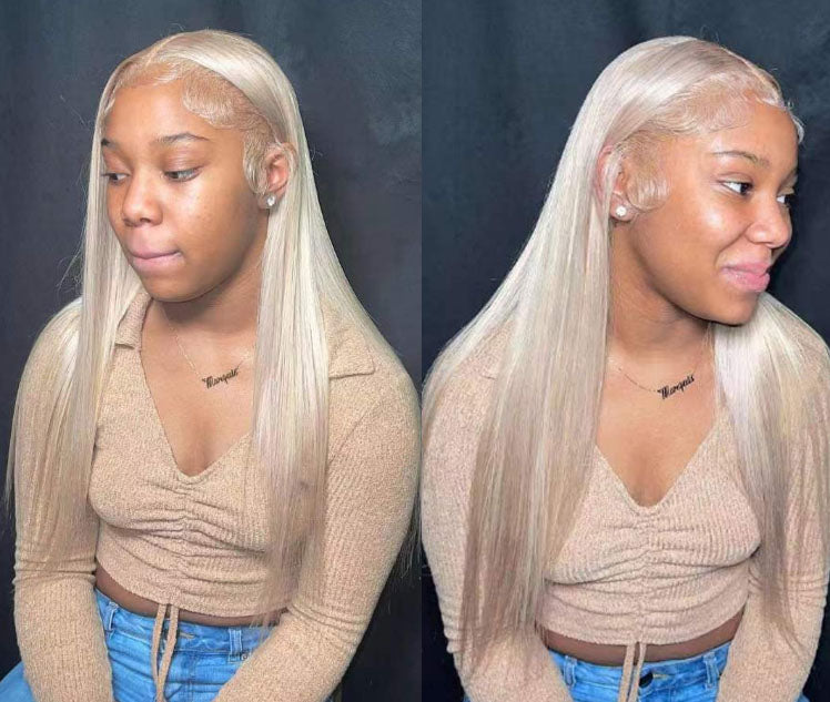 Ash Blonde Wig Straight Human Hair 13x4 Lace Frontal Wig Customized Color - Ossilee Hair