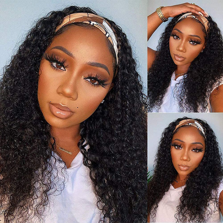 Deep Wave Headband Wig Glueless Human Hair Wigs for Black Women None Lace Front Curly Wave Wig 10A Grade - Ossilee Hair