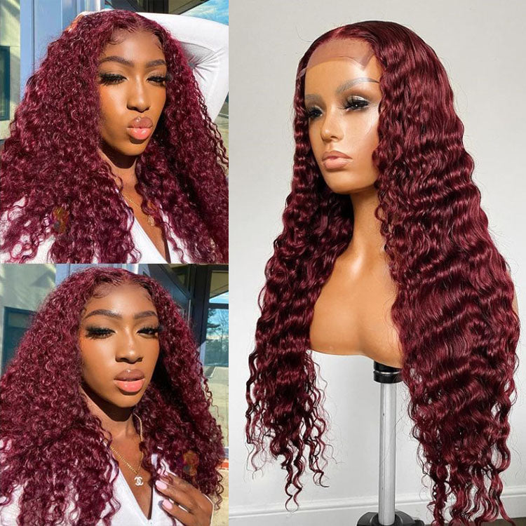 5x5/13x4 HD Lace Closure Wigs 99j Color Red Loose Deep Wave Human Hair Wigs Transparent Lace Frontal Wigs 10A Grade - Ossilee Hair
