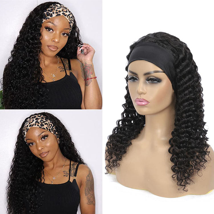 Deep Wave Headband Wig Glueless Human Hair Wigs for Black Women None Lace Front Curly Wave Wig 10A Grade - Ossilee Hair