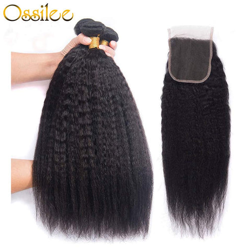 Kinky Straight 3Pcs With Lace Closure 9A Grade Brazilian Human Hair Weave Bundles - Ossilee Hair