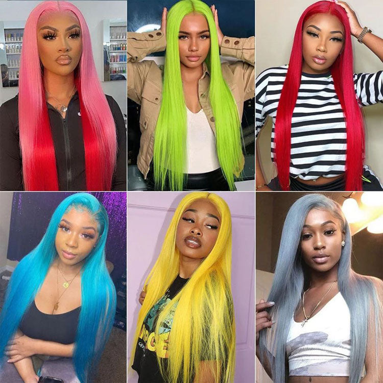 Colore Wigs Straight Human Hair 13x4 HD Lace Front Wigs Blue/Green/Pink/Yellow Color - Ossilee Hair