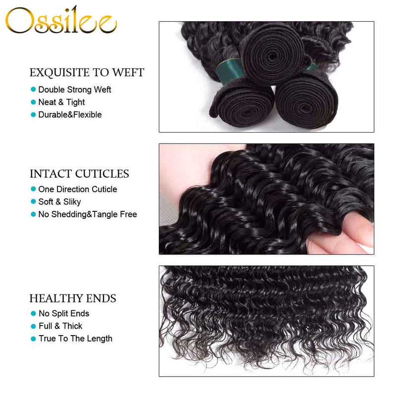 Real 9A Brazilian Deep Wave 2/3Bundles With 13x4 Pre-Plucked Lace Frontal 100% Human Hair Weave - Ossilee Hair