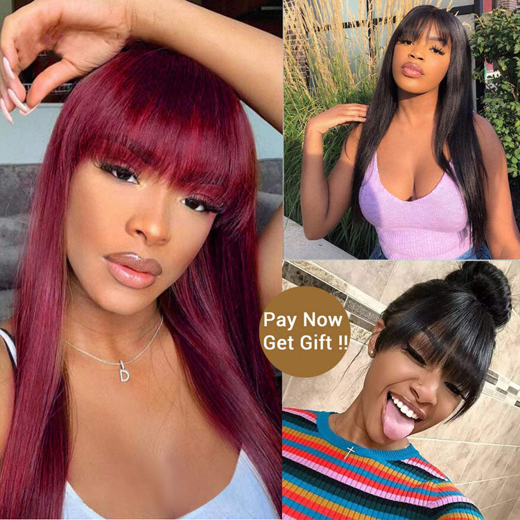 Full Machine Made Straight Human Hair Wigs with Bang Glueless wig with Bangs Brazilian Human Hair Wigs for Women - Ossilee Hair