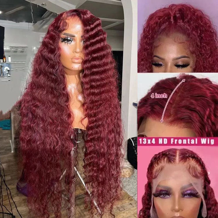 5x5/13x4 HD Lace Closure Wigs 99j Color Red Loose Deep Wave Human Hair Wigs Transparent Lace Frontal Wigs 10A Grade - Ossilee Hair