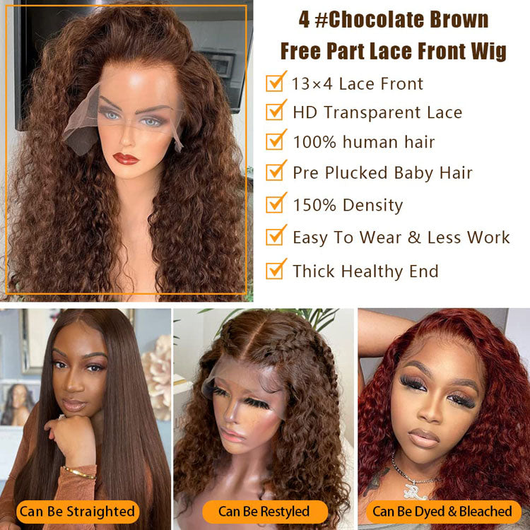 4x4/5x5/13x4 Chocolate Brown Curly Lace Front Wigs Human Hair Colored HD Lace Wigs Pre Plucked Natural Hairline - Ossilee Hair