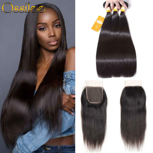 Peruvian Virgin Hair With Closure 3 Bundles 9A Peruvian Straight Hair With 4x4 Lace Closure - Ossilee Hair