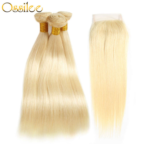 Blonde #613 Brazilian Straight 3 Bundles With 1 Piece 4x4 Lace Closure Shiny and soft Color Hair - Ossilee Hair