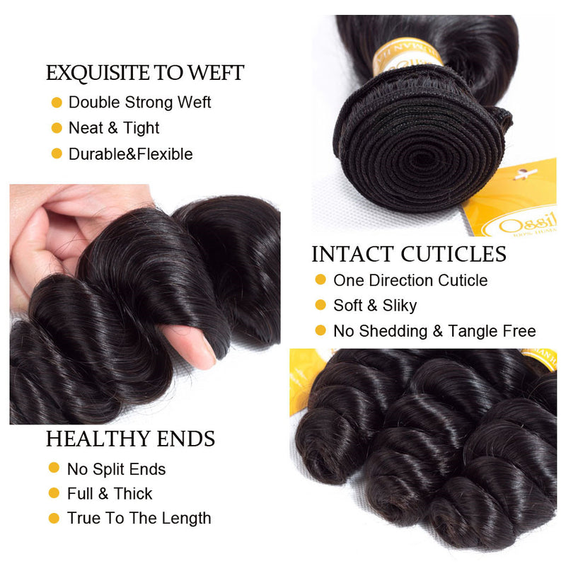 Real 9A Grade Unprocessed 3Pcs Loose Wave With Lace Closure Indian Virgin Hair Bundles - Ossilee Hair