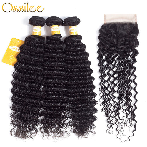 Real 9A Grade 3Pcs Deep Wave With 4x4 Lace Closure Soft Brazilian Virgin Hair Bundles - Ossilee Hair