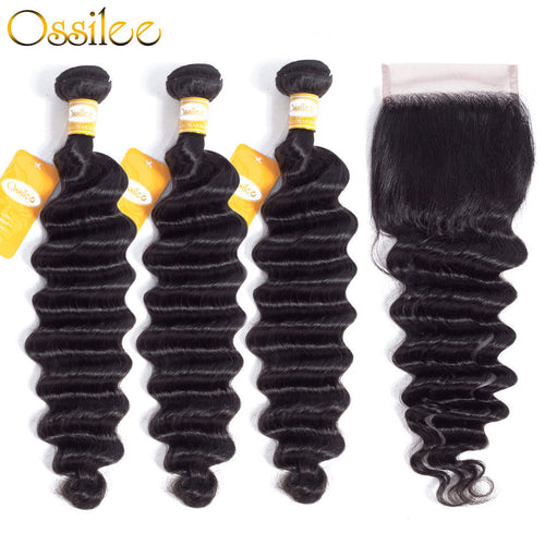 Indian Virgin Hair Bundles 9A Grade 3Pcs Loose Deep Wave With 4x4 Lace Closure Soft - Ossilee Hair