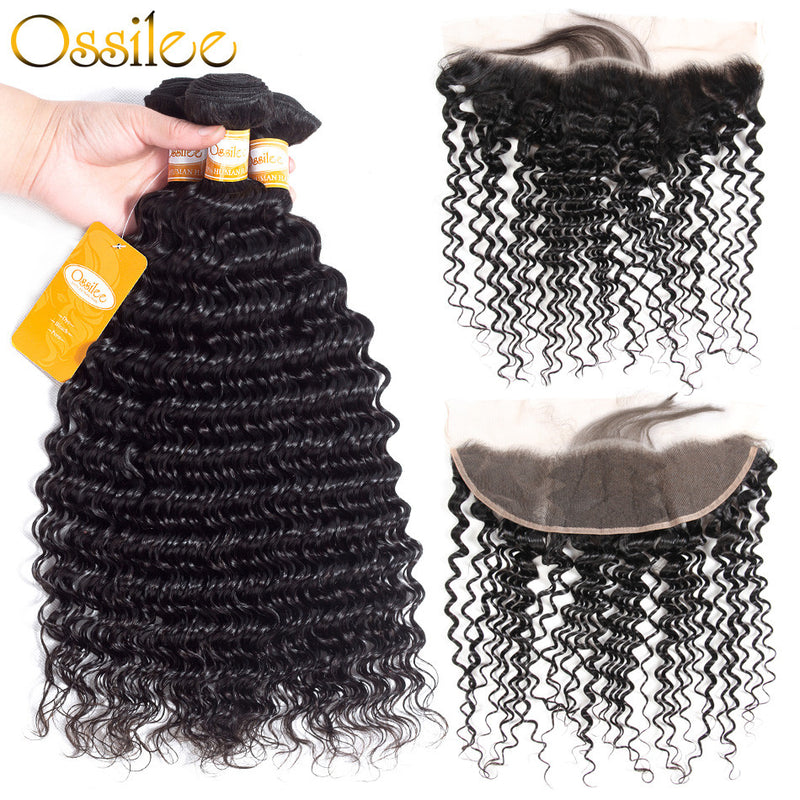 9A Grade Deep Wave 3Bundles With 13x4 Pre-Plucked Lace Frontal Natural Color 100% Brazilian Human Hair - Ossilee Hair