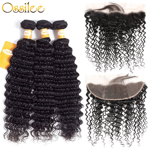 2/3Bundles With 13x4 Pre-Plucked 9A Deep Wave Lace Frontal Natural Color 100% Human Hair Weave - Ossilee Hair