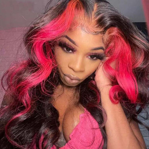 13x4 Highlight HD Lace Front Wigs Body Wave Skunk Stripe Pink Highlight Lace Wig 10A Grade - Ossilee Hair