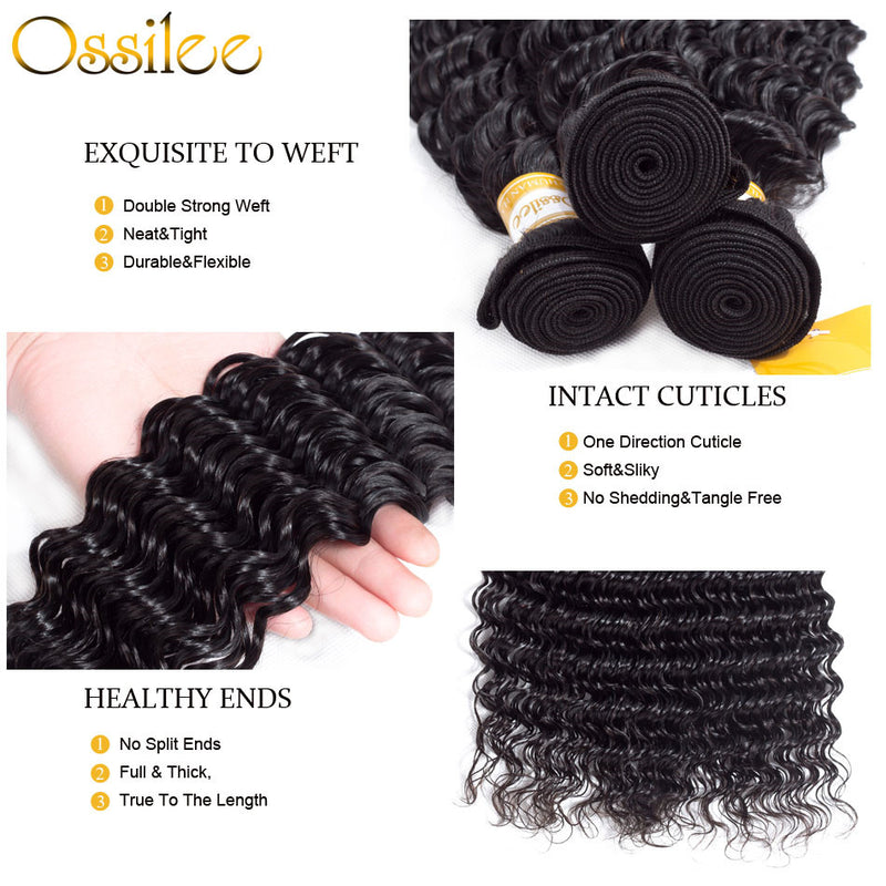 9A Grade Deep Wave 3Bundles With 13x4 Pre-Plucked Lace Frontal Natural Color 100% Brazilian Human Hair - Ossilee Hair