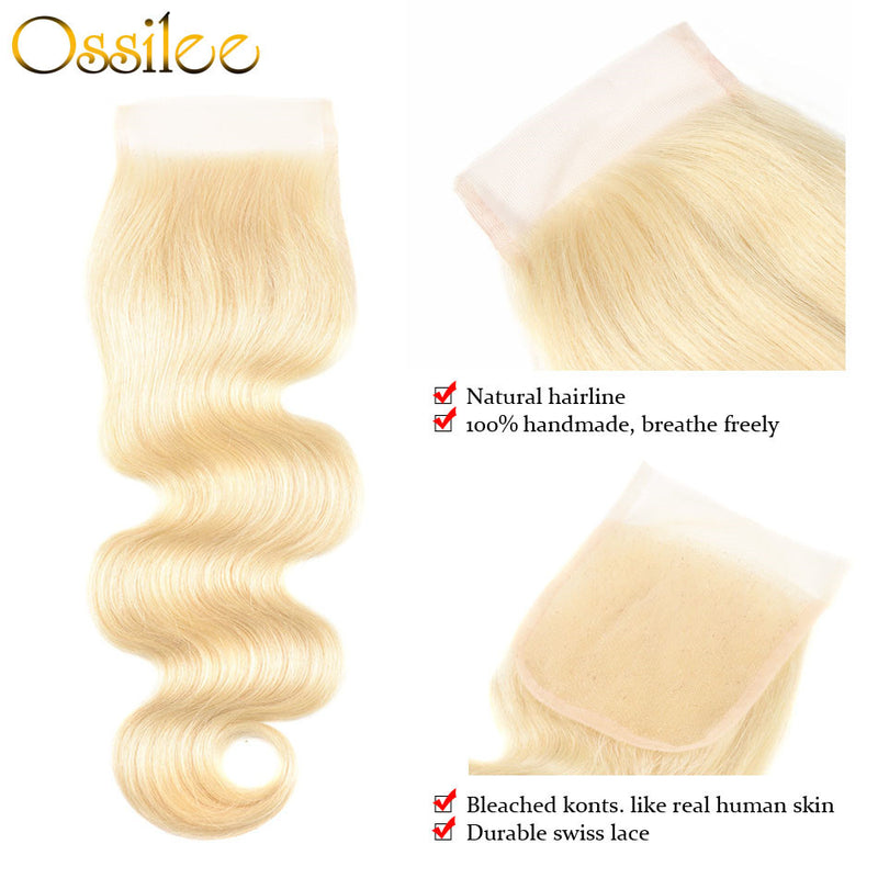 Brazilian Body Wave #613 Blonde 3 Bundles With 1 Piece 4x4 Lace Closure Shiny and soft Color Hair - Ossilee Hair