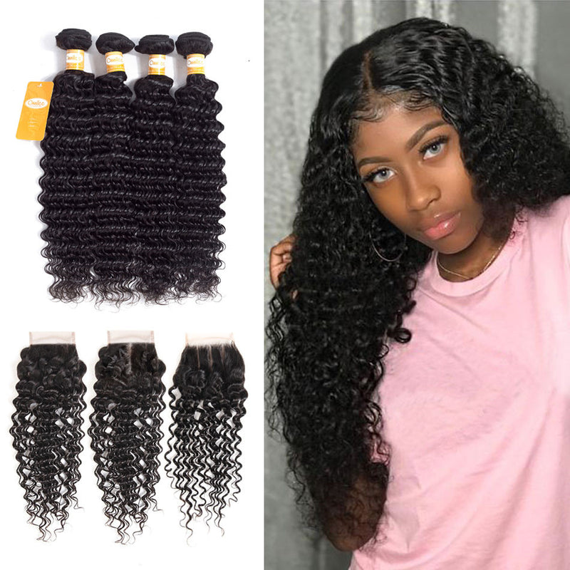 Top Quality Peruvian Deep Wave 4 Bundles With Lace Closure 100% Human Hair - Ossilee Hair