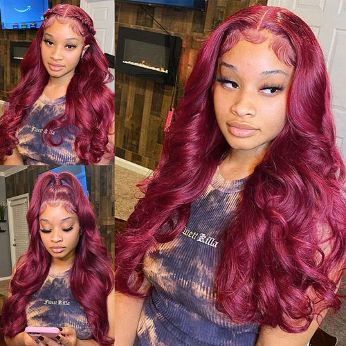 99J Body Wave 13x4/13x6 HD Transparent Lace Front Human Hair Wig Glueless Lace Wigs Burgundy - Ossilee Hair