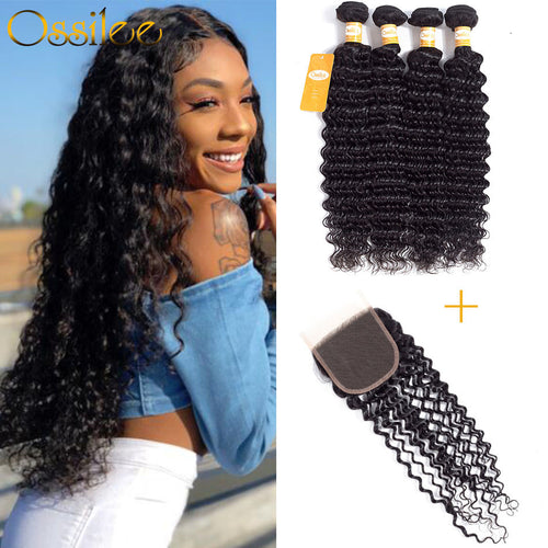 Top Quality 4 Bundles With 1Pc Closure Deep Wave 100% Human Hair Weave Bundles - Ossilee Hair