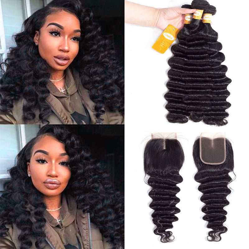 Loose Deep Wave 4 Bundles With 1Pc Closure Peruvian 100% Human Hair Weave Bundles - Ossilee Hair