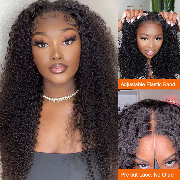 Pre Cut Lace Glueless Kinky Curly Human Hair Wig Pre Plucked with Elastic Band