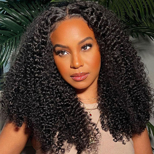 Pre Cut Lace Glueless Kinky Curly Human Hair Wig Pre Plucked with Elastic Band