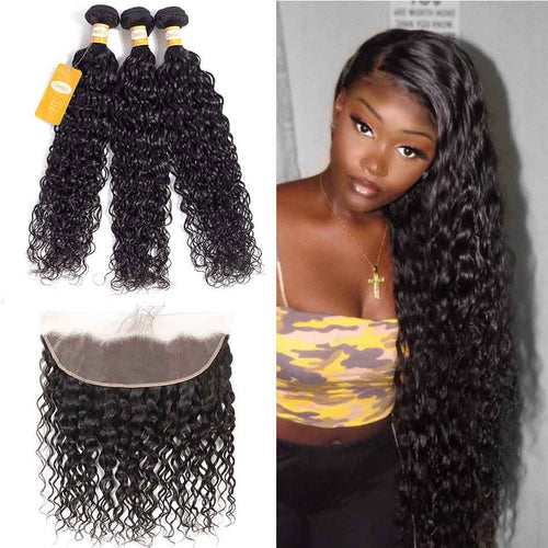 9A Grade Brazilian Water Wave Grade 3Bundles With 13x4 Pre-Plucked Lace Frontal - Ossilee Hair